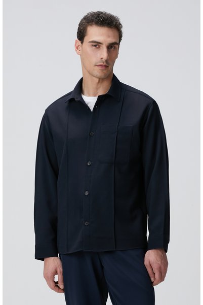 Navy Blue Wool Blended Outer Shirt