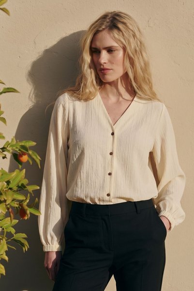 Women's Light Yellow Elastic Sleeves Wrinkled Shirt Arm-24K001002