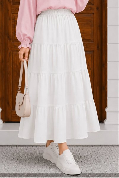 White Layered Gathered Muslin Skirt