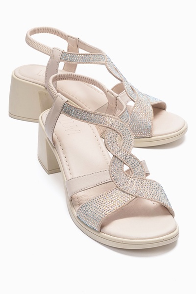 Dolen Ecru Genuine Leather Women's Stoned Thick Heel Sandals
