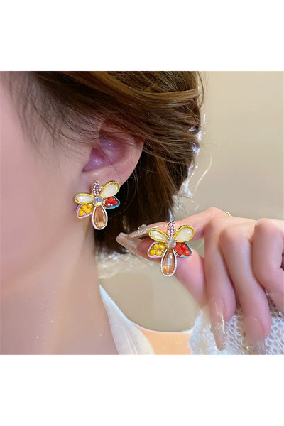 Colorful Stone Flower Motif Earrings