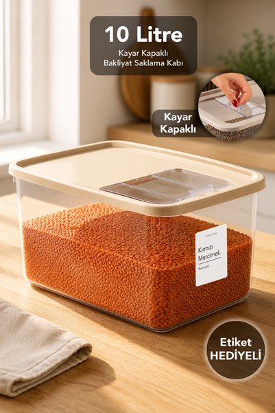 10Lt Sliding Lid Storage Container - Kitchen Organizer Food Grain Box Sugar Flour Container Beige