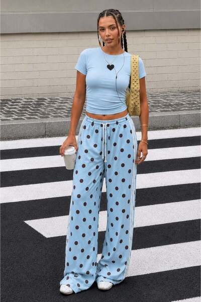 Blue Polka Dot Side Striped Wide Leg Women's Sweatpants Mg2860