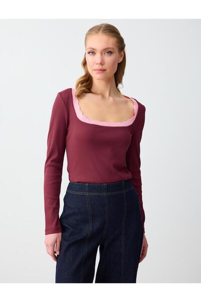 Burgundy Straight Cut Long Sleeve U-Neck Knitted Blouse