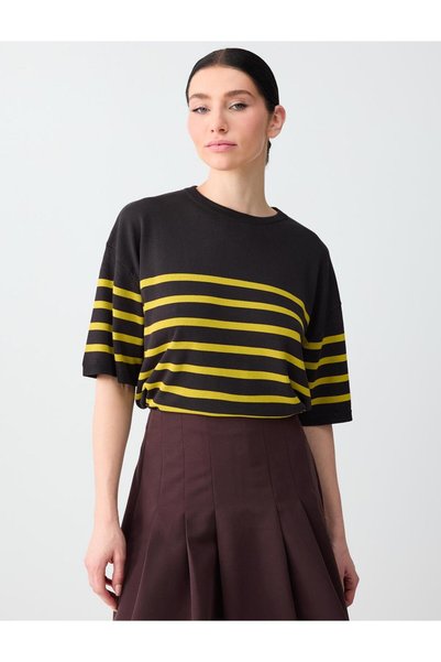Bitter Brown Crew Neck Elbow Sleeve Striped Knitwear Blouse