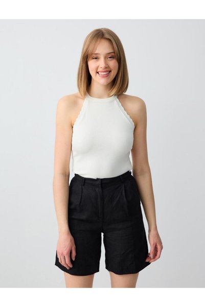 Black 100% Linen Straight Cut High Waist Loose Wide Leg Woven Shorts