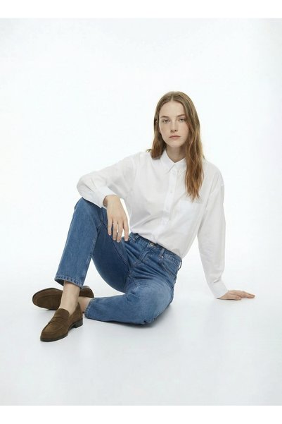 Normal Waist Straight Leg Mom Fit Indigo Women's Denim Trousers F6Sl-Pnt0259