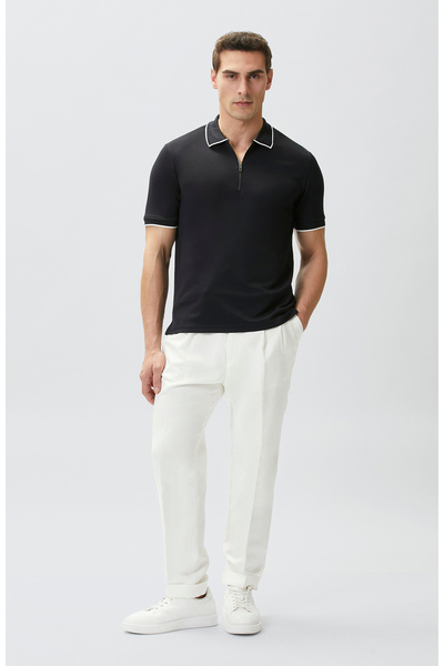 Navy Blue Polo Neck Pique Pattern T-Shirt