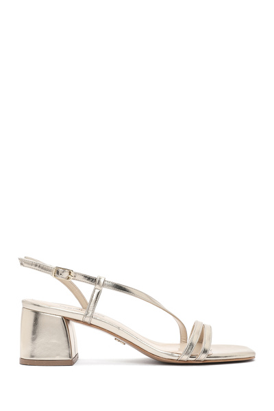Women's Gold Ankle Buckle Short Thick Heeled Metallic Sandals 26Sfe390432