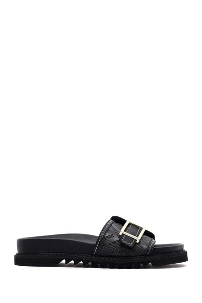 Women's Black Buckle Leather Slippers 25Sfd230218