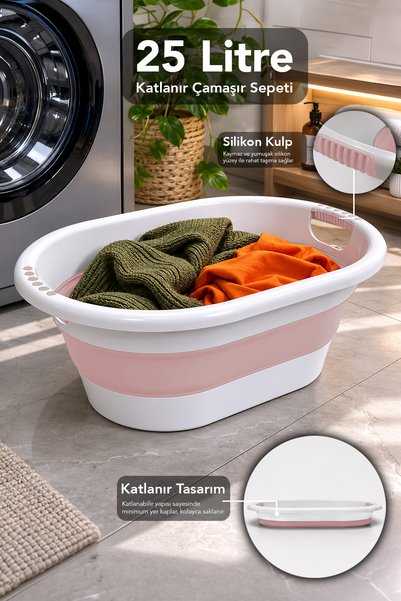 25Lt Foldable Laundry Basket - Accordion Laundry Basket with Silicone Handles Bathroom Organizer Pink