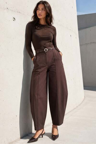 Brown Modern Cut Belted High Waist Wide Leg Fabric Pants Mg2618