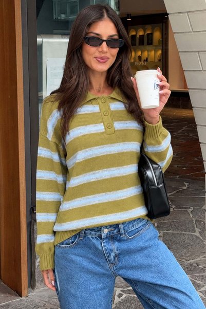 Green Polo Neck Striped Women's Knitwear Sweater Mg2469