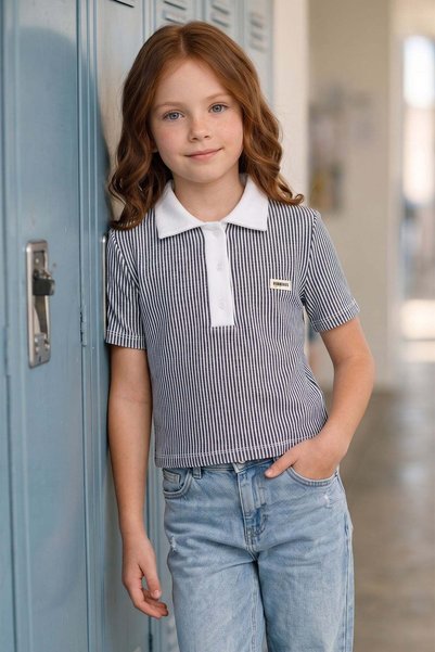 Striped Polo Collar Embroidered Girls' T-Shirt