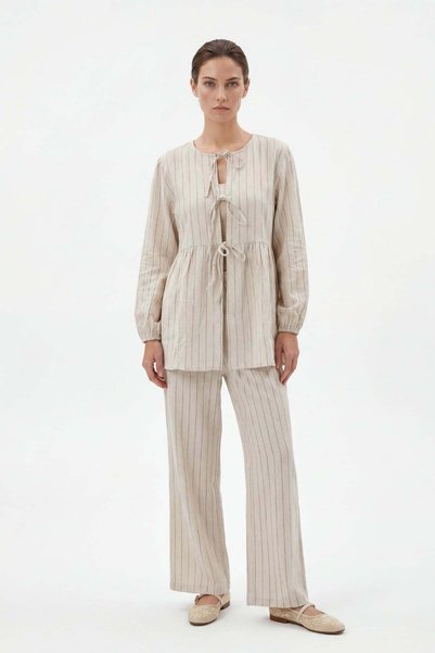 Women's Striped Tie-Detail Blouse and Pants Set