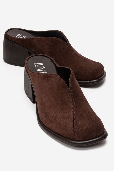 Ardent Brown Suede Genuine Leather Closed-Front Women's Thick Heeled Slippers