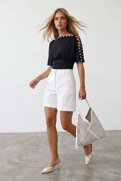 Black Boat Neck Buttoned Sandy Blouse Alc-X15536