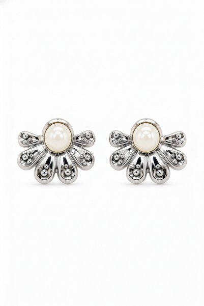 White Color Flower Motif Pearl Detail Brass Women's Earring Pair
