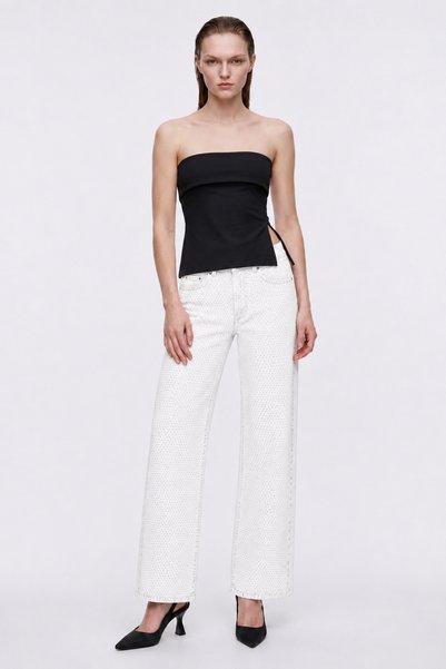 High Waist Stone Detailed Straight Jean Pants