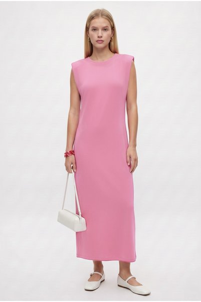 Women's Celia Zero Sleeve Midi Pink Dress with Padded Shoulders