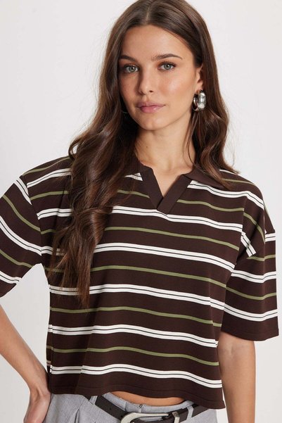 Women's standard fit regular cut short sleeve striped brown v polo neck t-shirt