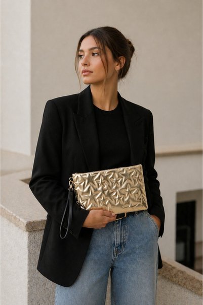 Gold Women's Star Patterned Shiny Handbag – Stylish Clutch Bag