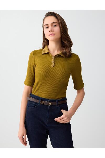 Oil Green Polo Collar Short Sleeve Knitted Blouse