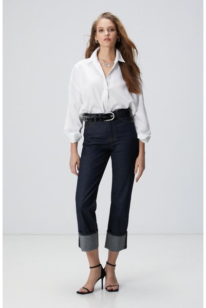 Navy Blue Denim Trousers with Stone Detail on the Legs
