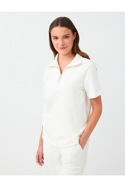 White Zipper Detailed Stand Collar Short Sleeve Blouse