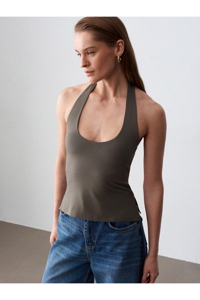 32726 Halter Neck Top-Khaki