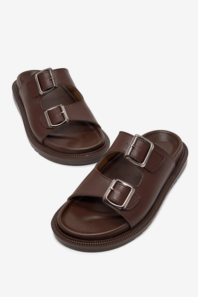 Women's Bitter Brown Skin Comfortable Fit Double Buckle Non-Slip Slippers
