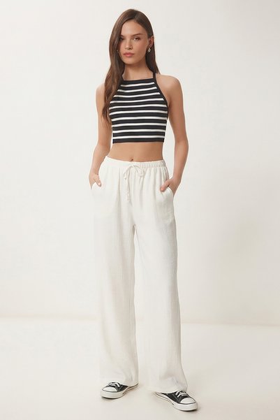 Wide Leg Summer Trousers with Pockets Lub0343 White