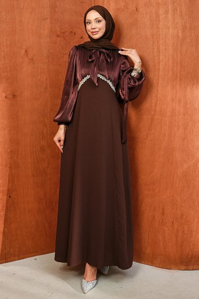 Brown Sleeveless Collar Tie-Up Stone-Embellished Evening Dress