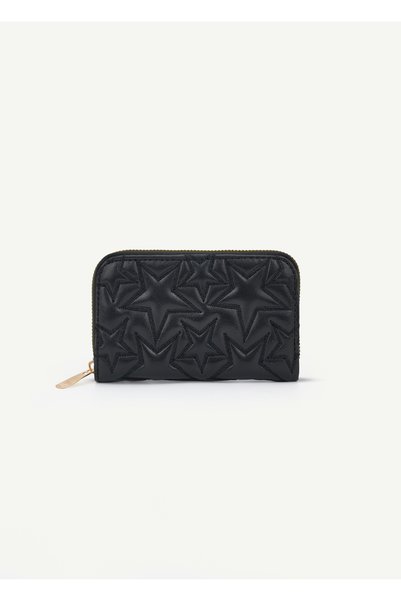 Black Shk336 Star Embossed Zippered Multi-Compartment Card Holder Women's Wallet