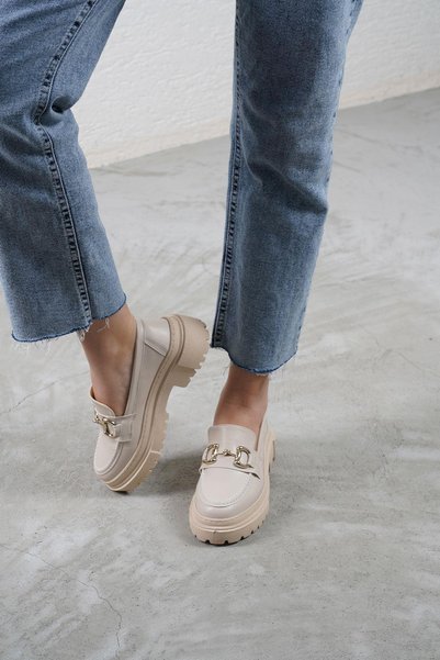 Women's Beige Leather Gc Buckle Thick Sole Loafer Moccasin Shoes 4,5cm Byndlfrk02