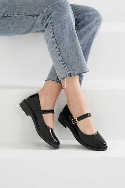 Women's Black Patent Leather Strappy Loafer Ballet Shoes 2.5cm Byndlfrk11