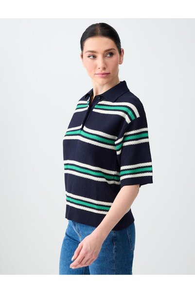 Navy Blue Polo Neck Short Sleeve Striped Knitwear Blouse