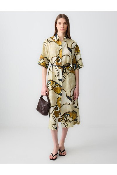 Stone 100% Linen Shirt Collar Patterned Midi Dress