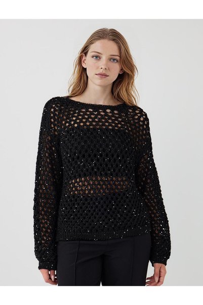 Black Boat Neck Long Sleeve Openwork Knitwear Sweater