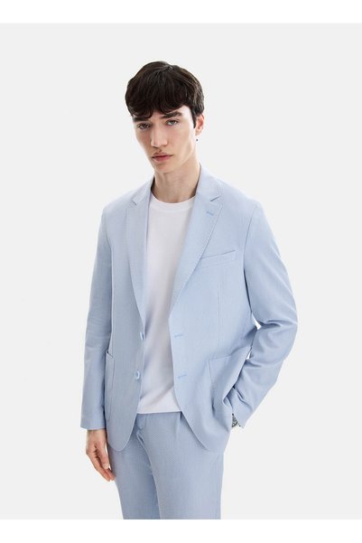 Blue Men's Slim Fit Ribbed Patterned Jacket B35S50032
