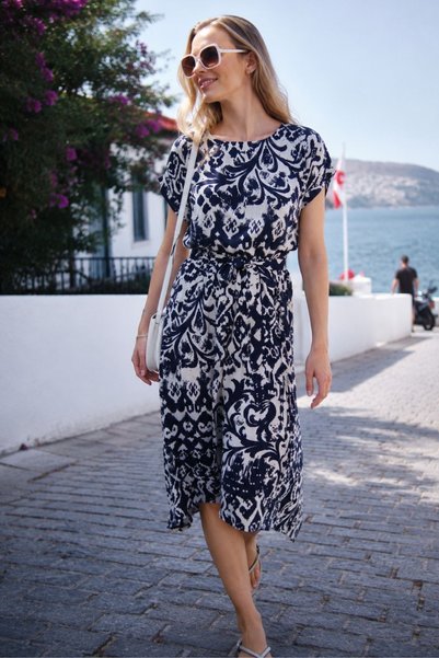 Women's Dark Navy Blue Elastic Waist Tie Patterned Dress ARM-22Y001044