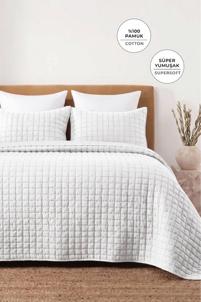 Square Pattern Double Bed Cover Set 100% Cotton Stone Washed 3 Piece Fiber Filled Soft Cream