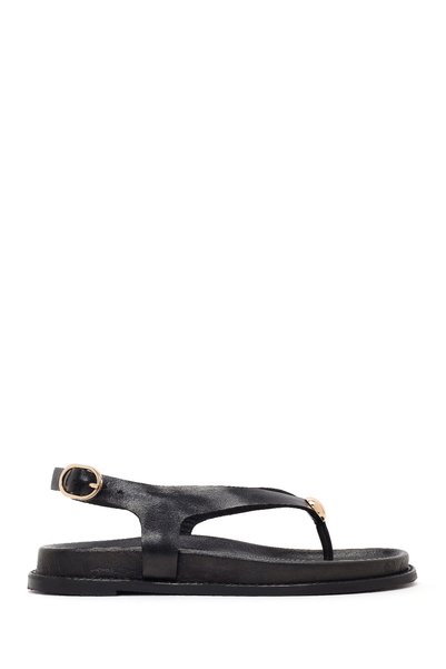 Women's Black Leather Sandals with Back Buckle and Flip-Flop Design 26Sfd550918
