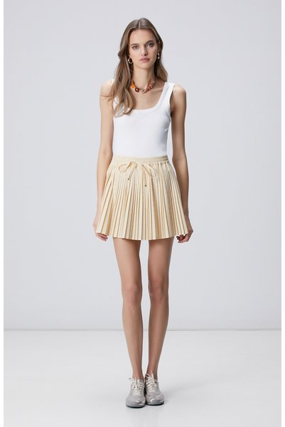 Yellow and White Stone Pleated Mini Skirt