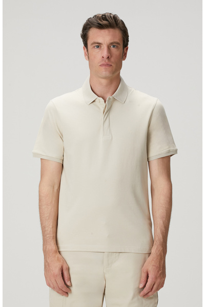 Beige Polo Neck Hidden Placket Patterned T-Shirt