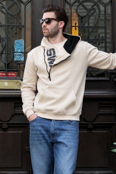 Beige Zipper Detailed Hooded Sweatshirt 1767