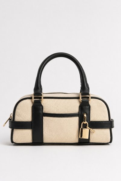 Black Women's Mini Hand & Shoulder Bag – Canvas Textured, Stylish Lock Detail, Daily and Special Use