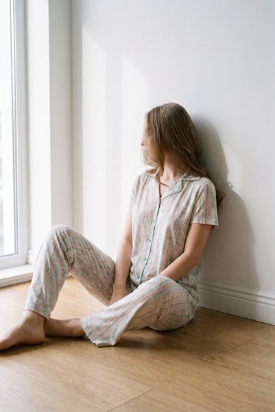 Shirt Collar Front Buttoned Pajama Set Light Green-512176