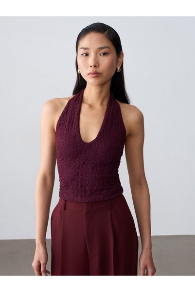 32690 Halter Neck Lace Detailed Top-Burgundy