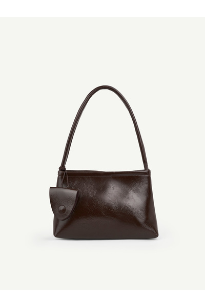 Wrinkled Textured Brown Shk218 Faux Leather, Snap Fasteners, Glasses Case with Charm, Single Compartment, Hand, Arm and Shoulder Use